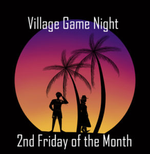 The image displays the logo for the game Tourists and Spies with the words "Village Game Night; 2nd Friday of the Month"