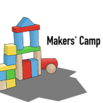 This graphic is the image for Makers' Camp. It features an illustration of colorful wooden blocks in the shape of a house.